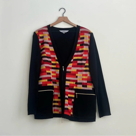 EXCLUSIVELY MISOOK Knit Cardigan Jacket Metallic Mosaic Zip Front Pockets XL - Picture 3 of 12